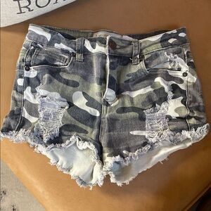 Green and Gray Distressed Jean Shorts with Camo Pattern